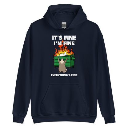 Funny Dumpster Fire Raccoon graphic hoodie in navy by Boozy Fox