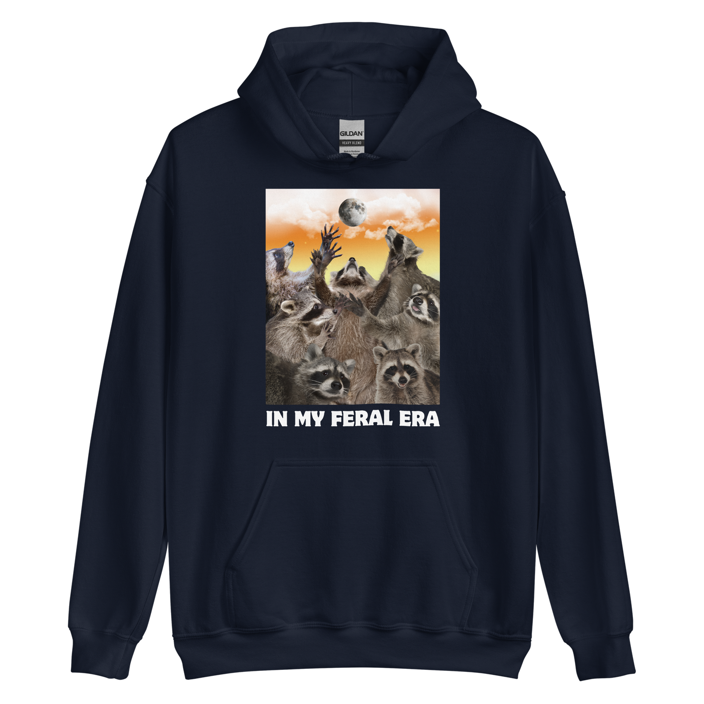 Funny In My Feral Era Raccoon graphic hoodie in navy by Boozy Fox