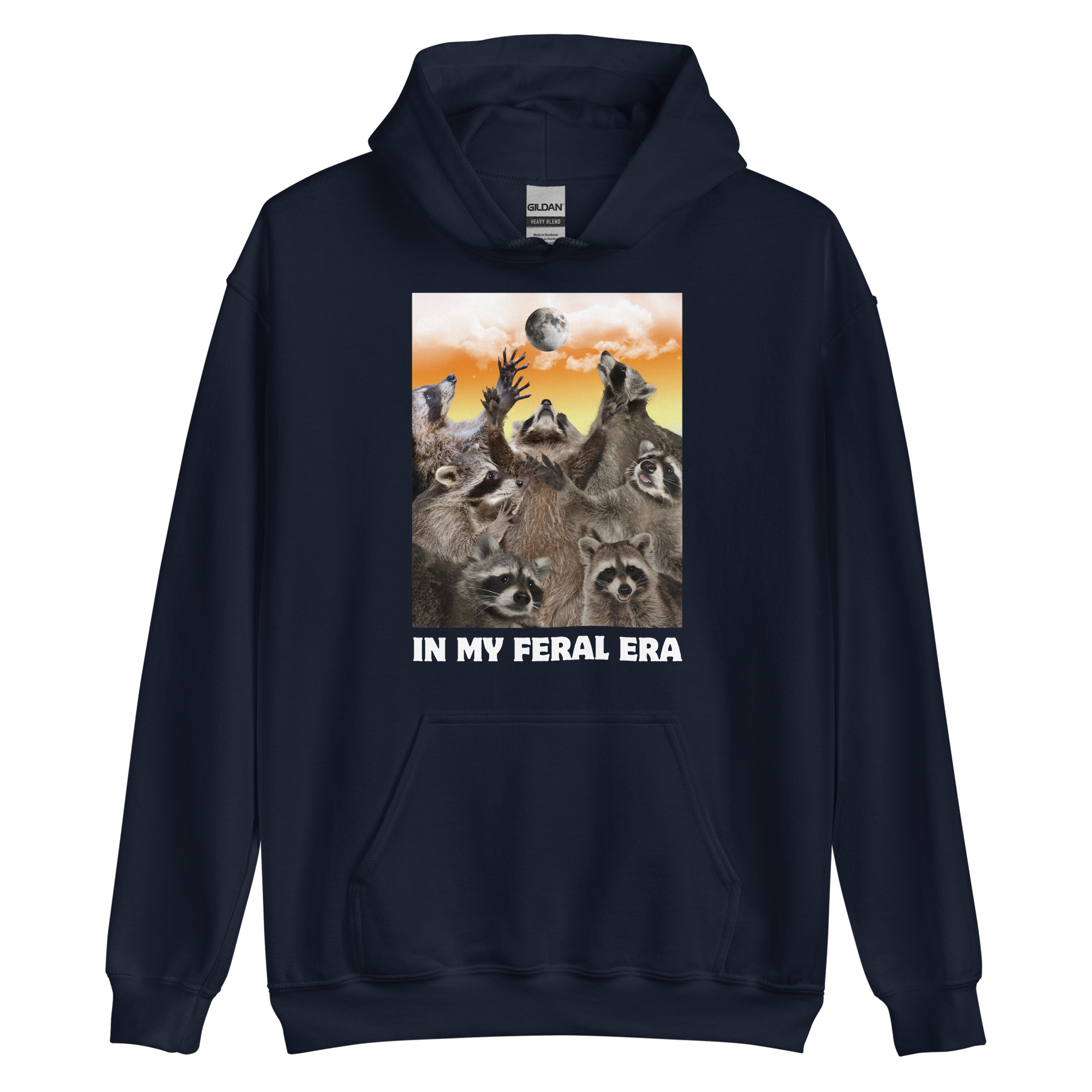 Funny In My Feral Era Raccoon graphic hoodie in navy by Boozy Fox