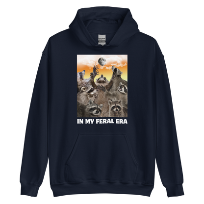 Funny In My Feral Era Raccoon graphic hoodie in navy by Boozy Fox