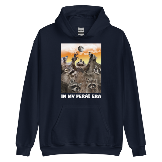 Funny In My Feral Era Raccoon graphic hoodie in navy by Boozy Fox