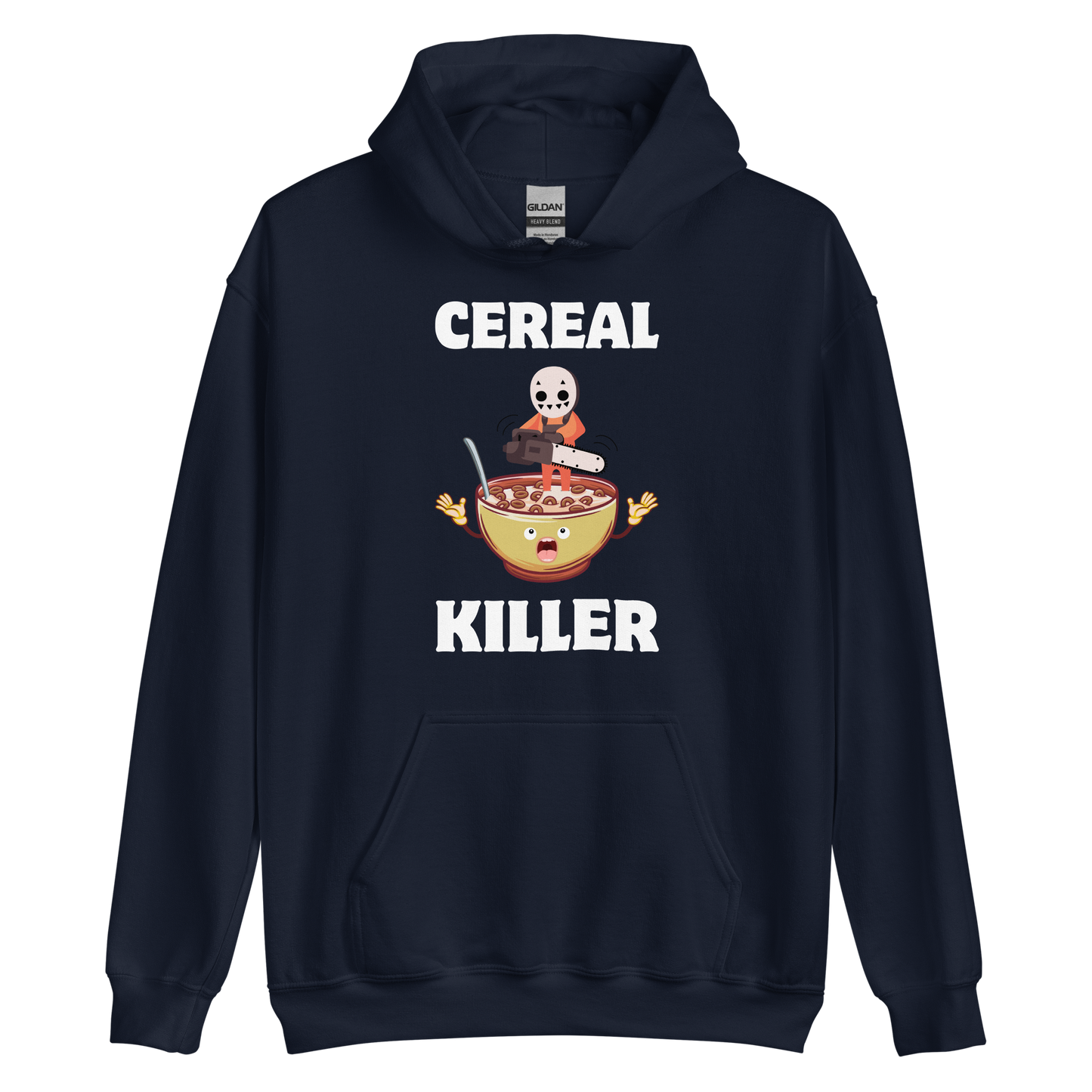 Funny Cereal Killer breakfast graphic hoodie in navy by Boozy Fox
