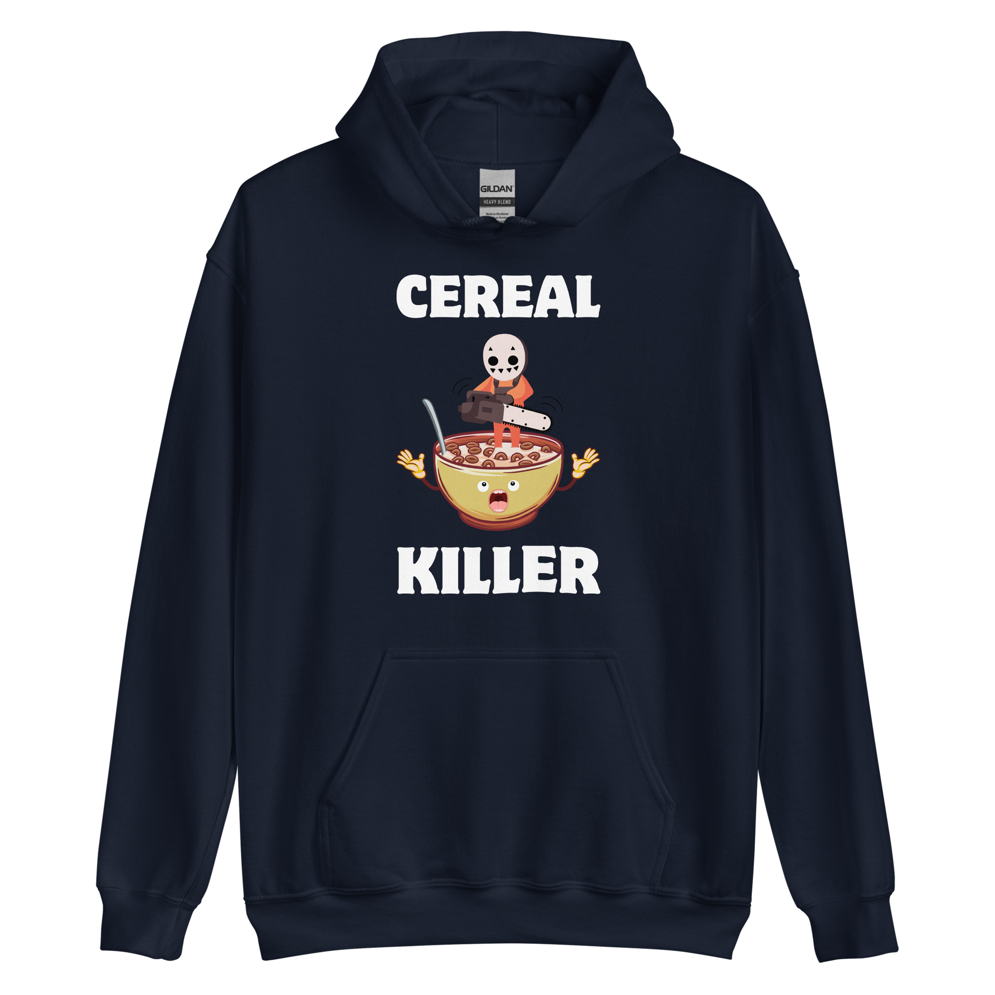 Funny Cereal Killer breakfast graphic hoodie in navy by Boozy Fox