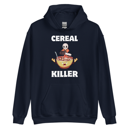 Funny Cereal Killer breakfast graphic hoodie in navy by Boozy Fox