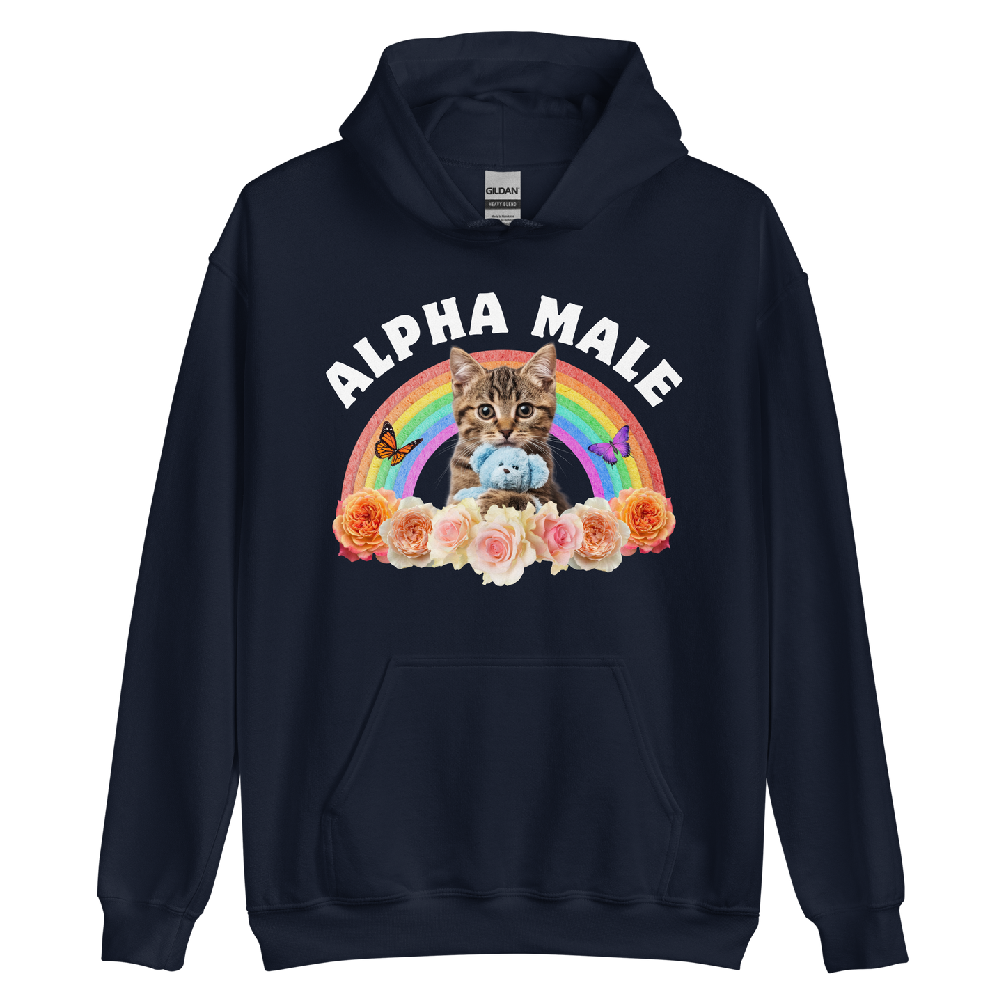 Funny Alpha Male Cat rainbow roses graphic hoodie in navy by Boozy Fox