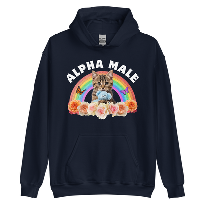 Funny Alpha Male Cat rainbow roses graphic hoodie in navy by Boozy Fox