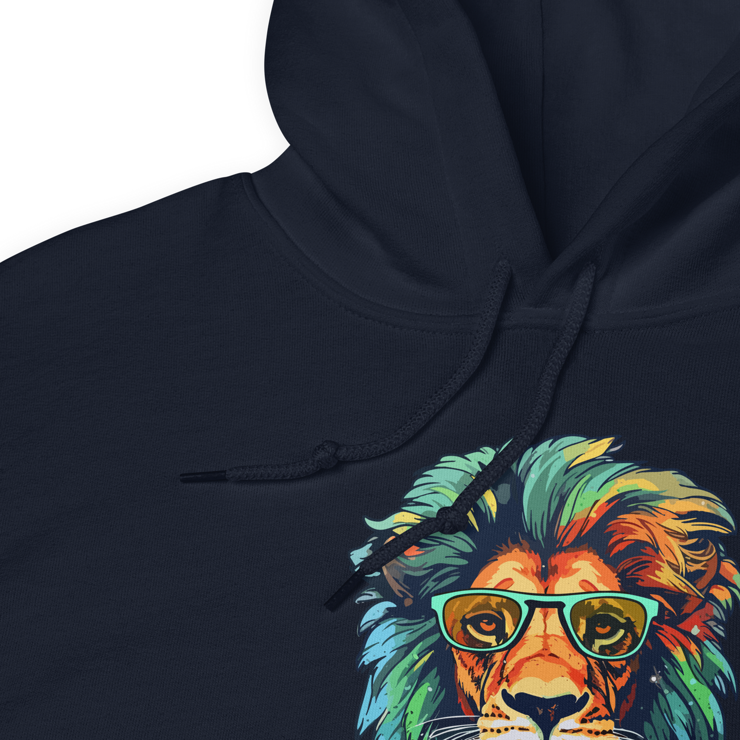 Front details of a Navy Lion Hoodie featuring a fierce Rebel Lion graphic on the chest - Funny Graphic Lion Hoodies - Boozy Fox