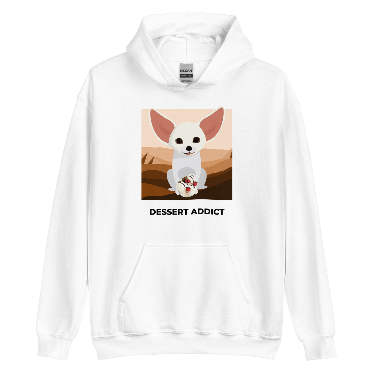 White Fennec Fox Hoodie featuring an adorable Dessert Addict graphic on the chest - Funny Graphic Fennec Fox Hoodies - Boozy Fox
