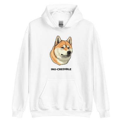 White Shiba Inu Hoodie featuring the Inu-Credible graphic on the chest - Funny Graphic Shiba Inu Hoodies - Boozy Fox