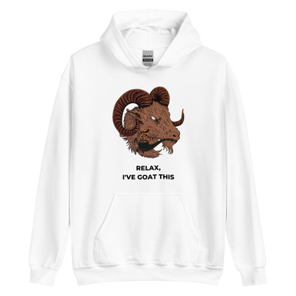 White Goat Hoodie featuring a captivating Relax, I've Goat This graphic on the chest - Funny Graphic Goat Hoodies - Boozy Fox