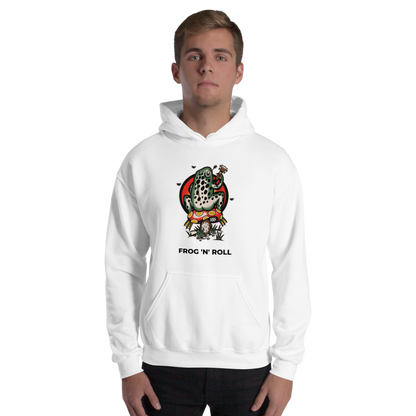 Man wearing a white Frog Hoodie featuring the hilarious Frog 'n' Roll graphic on the chest - Funny Graphic Frog Hoodies - Boozy Fox