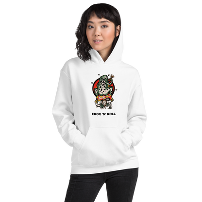 Woman wearing a white Frog Hoodie featuring the hilarious Frog 'n' Roll graphic on the chest - Funny Graphic Frog Hoodies - Boozy Fox
