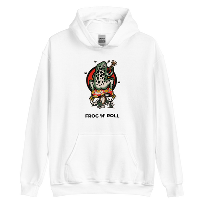 White Frog Hoodie featuring the hilarious Frog 'n' Roll graphic on the chest - Funny Graphic Frog Hoodies - Boozy Fox