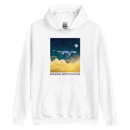 White Whale Hoodie featuring a charming Whale Under The Moon graphic on the chest - Cool Graphic Whale Hoodies - Boozy Fox