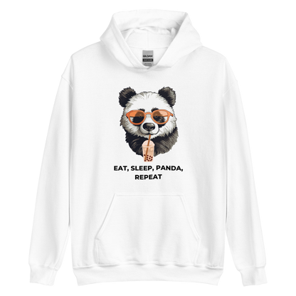 White Panda Hoodie featuring the hilarious Eat, Sleep, Panda, Repeat graphic on the chest - Funny Graphic Panda Hoodies - Boozy Fox