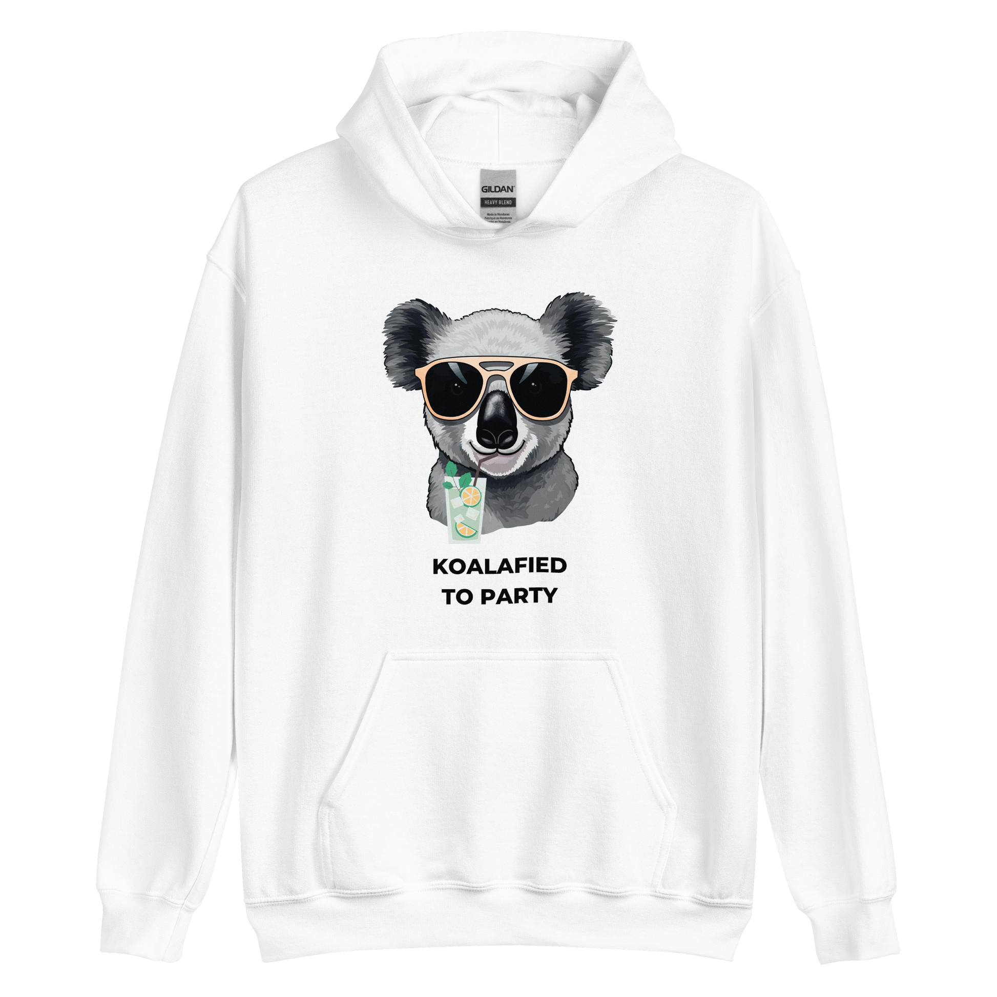 White Koala Hoodie featuring a captivating Koalafied To Party graphic on the chest - Funny Graphic Koala Hoodies - Boozy Fox