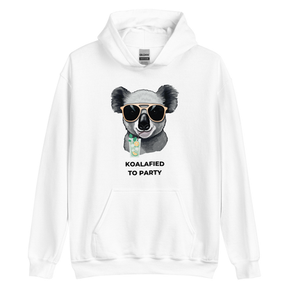 White Koala Hoodie featuring a captivating Koalafied To Party graphic on the chest - Funny Graphic Koala Hoodies - Boozy Fox