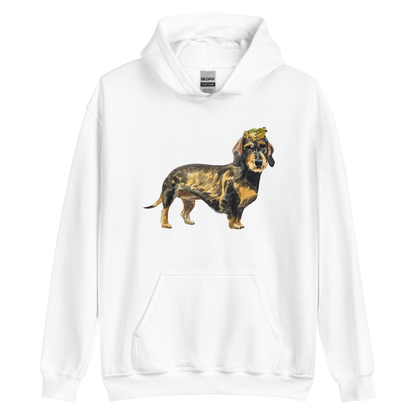 White Dachshund Hoodie featuring an adorable Frog on a Dachshund's Head graphic on the chest - Cute Graphic Dachshund Hoodies - Boozy Fox