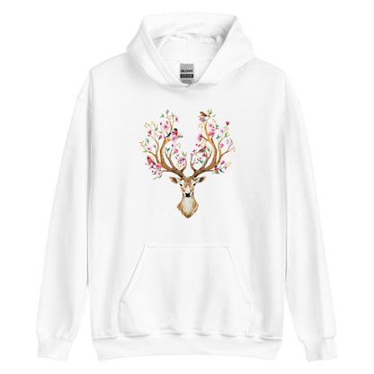 White Floral Red Deer Hoodie featuring a captivating Floral Red Deer graphic on the chest - Cute Graphic Deer Hoodies - Boozy Fox