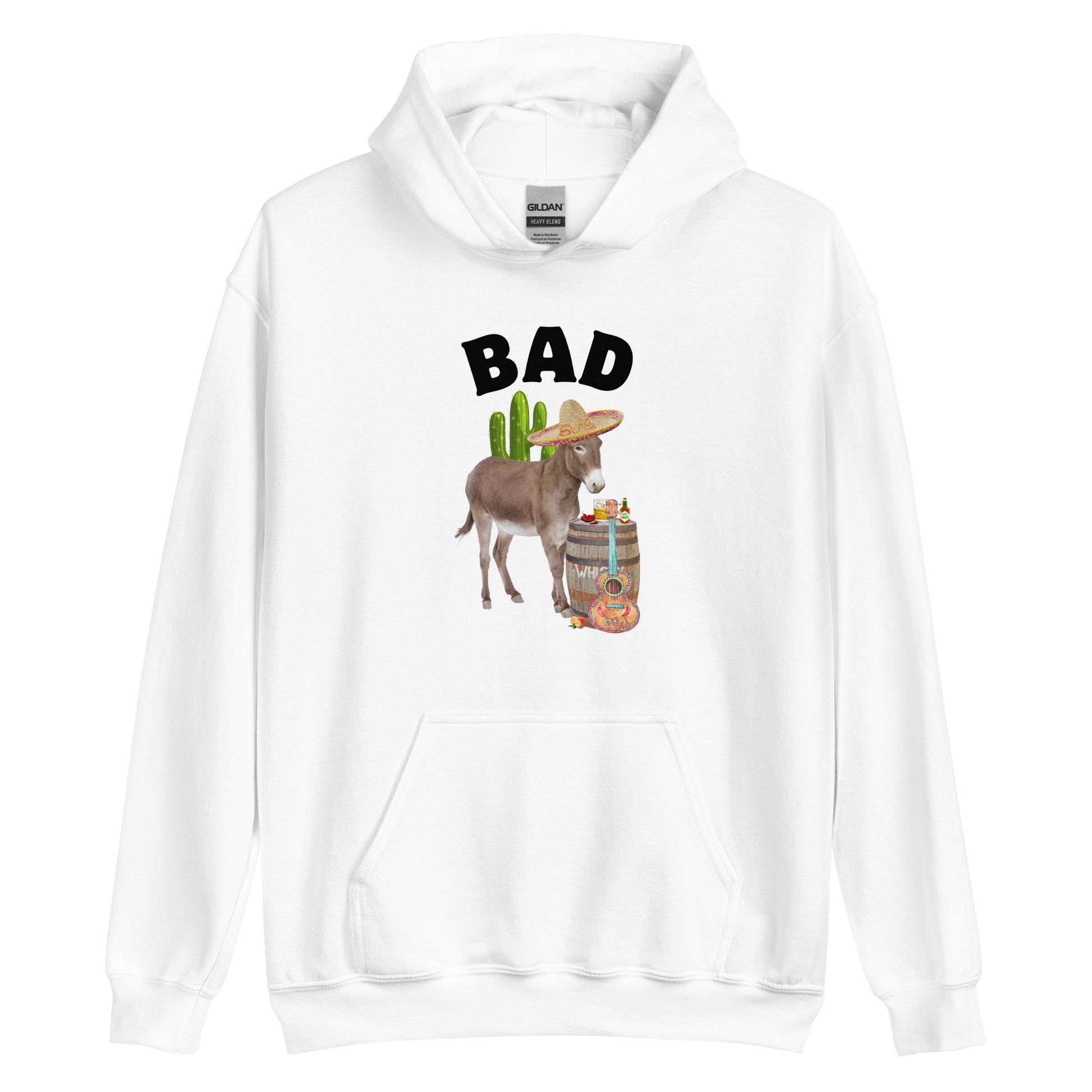 White Donkey Hoodie Featuring a Funny Bad Ass Donkey graphic on the chest - Funny Graphic Bad Ass Donkey Hoodies - Boozy Fox
