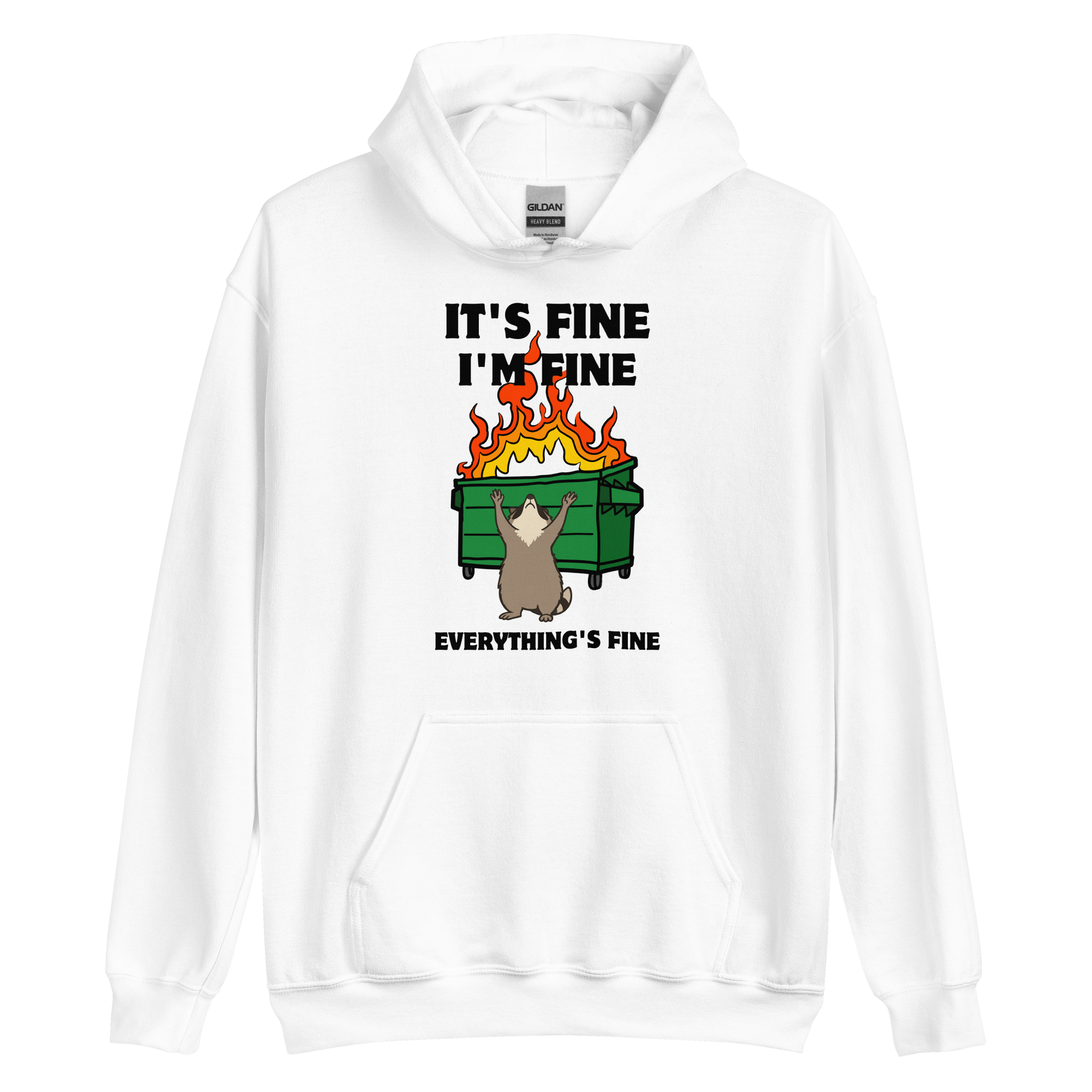 Funny Dumpster Fire Raccoon graphic hoodie in white by Boozy Fox