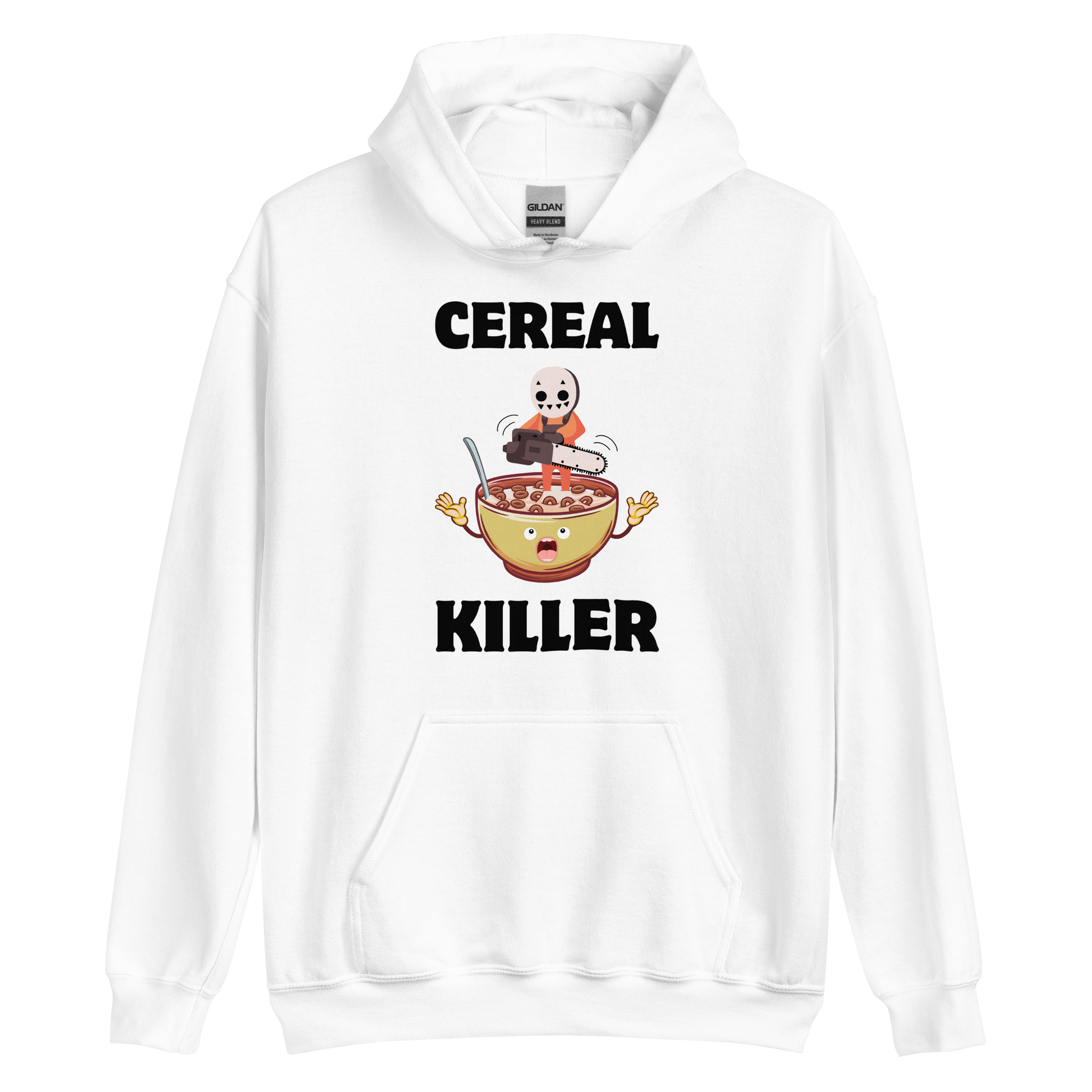Funny Cereal Killer breakfast graphic hoodie in white by Boozy Fox