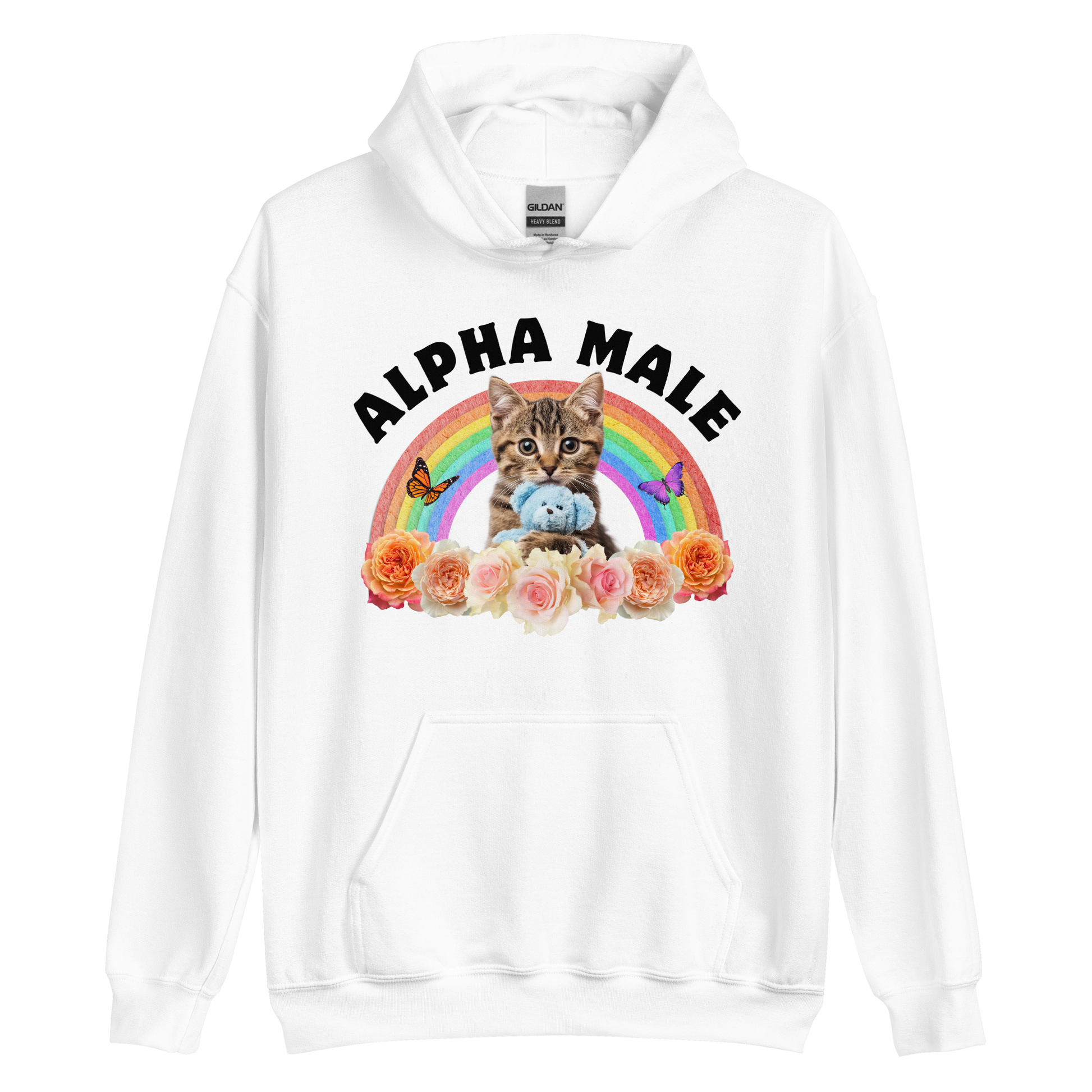 Funny Alpha Male Cat rainbow roses graphic hoodie in white by Boozy Fox