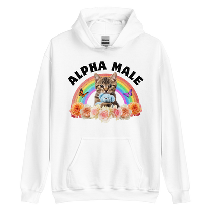 Funny Alpha Male Cat rainbow roses graphic hoodie in white by Boozy Fox