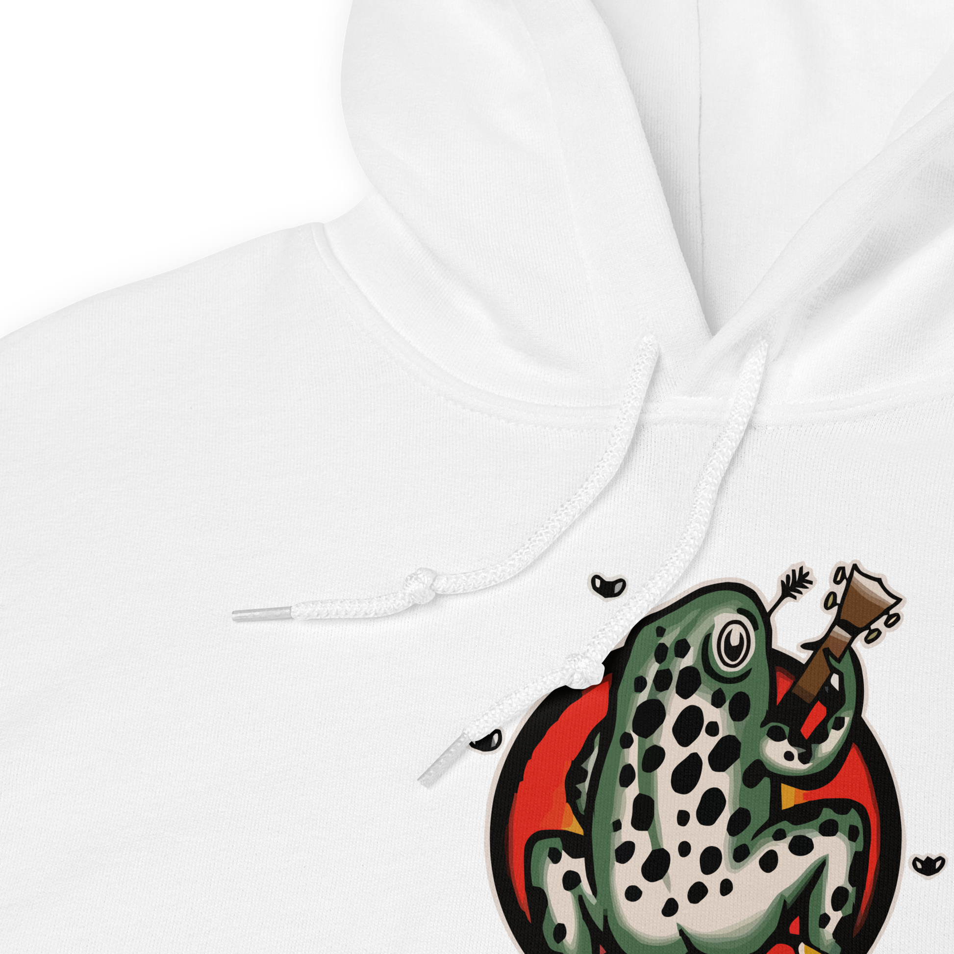 Product details of a white Frog Hoodie featuring the hilarious Frog 'n' Roll graphic on the chest - Funny Graphic Frog Hoodies - Boozy Fox