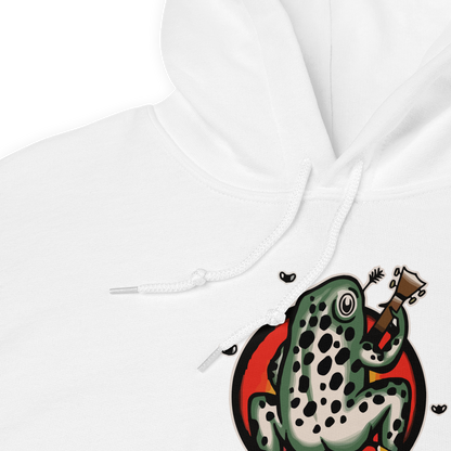 Product details of a white Frog Hoodie featuring the hilarious Frog 'n' Roll graphic on the chest - Funny Graphic Frog Hoodies - Boozy Fox