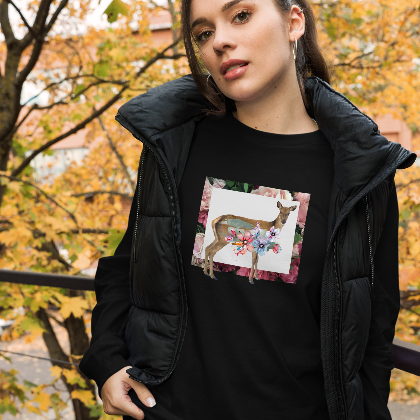 Woman Wearing a Black Deer Long Sleeve Tee featuring a captivating Floral Deer graphic on the chest - Cute Deer Long Sleeve Graphic Tees - Boozy Fox