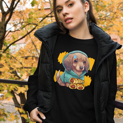 Woman wearing a Black Sausage Dog Long Sleeve Tee featuring a charming Sausage Roll Dachshund graphic on the chest - Cute Sausage Dog Long Sleeve Graphic Tees - Boozy Fox