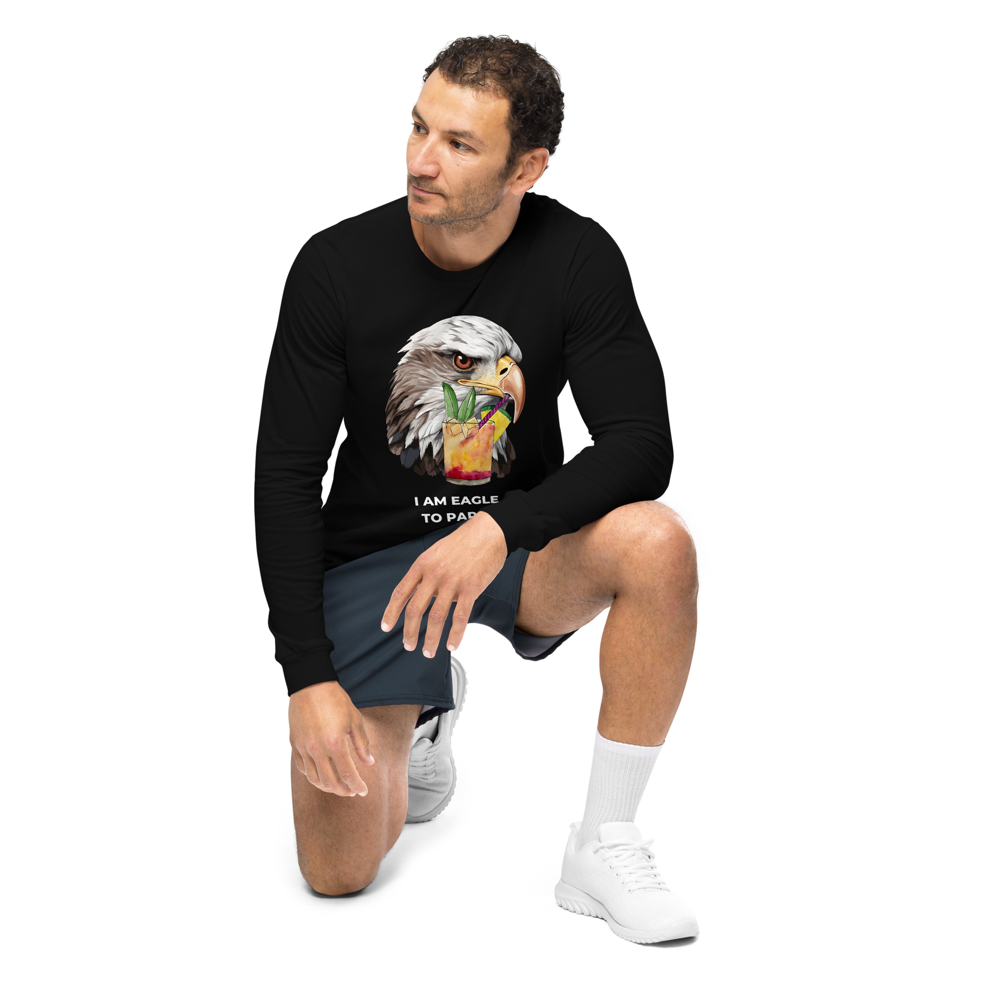Man wearing a Black Eagle Long Sleeve Tee featuring a captivating I Am Eagle To Party graphic on the chest - Funny Eagle Long Sleeve Graphic Tees - Boozy Fox