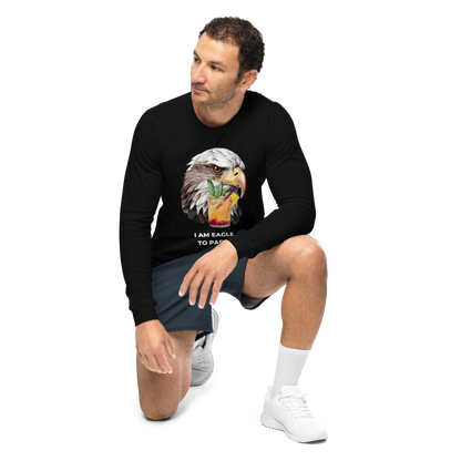 Man wearing a Black Eagle Long Sleeve Tee featuring a captivating I Am Eagle To Party graphic on the chest - Funny Eagle Long Sleeve Graphic Tees - Boozy Fox