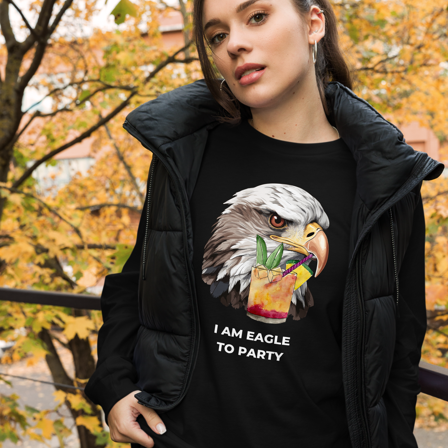 Woman wearing a Black Eagle Long Sleeve Tee featuring a captivating I Am Eagle To Party graphic on the chest - Funny Eagle Long Sleeve Graphic Tees - Boozy Fox