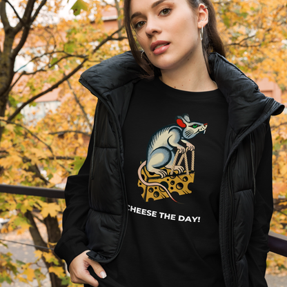 Woman wearing a Black Rat Long Sleeve Tee featuring a hilarious Cheese The Day graphic on the chest - Funny Rat Long Sleeve Graphic Tees - Boozy Fox