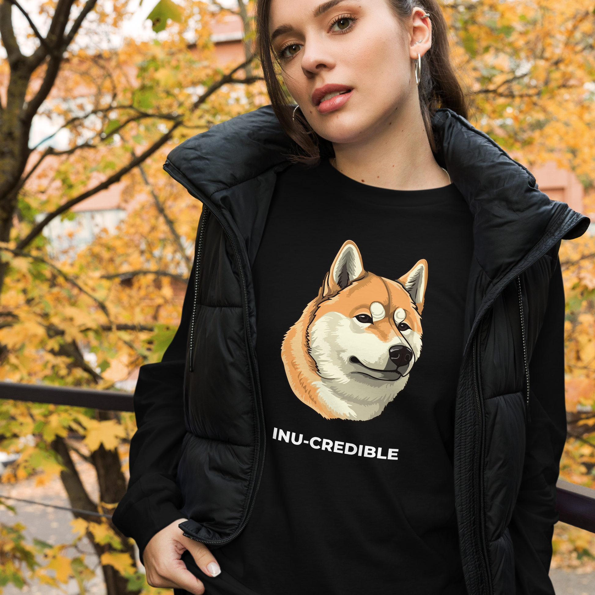 Woman wearing a Black Shiba Inu Long Sleeve Tee featuring the Inu-Credible graphic on the chest - Funny Shiba Inu Long Sleeve Graphic Tees - Boozy Fox