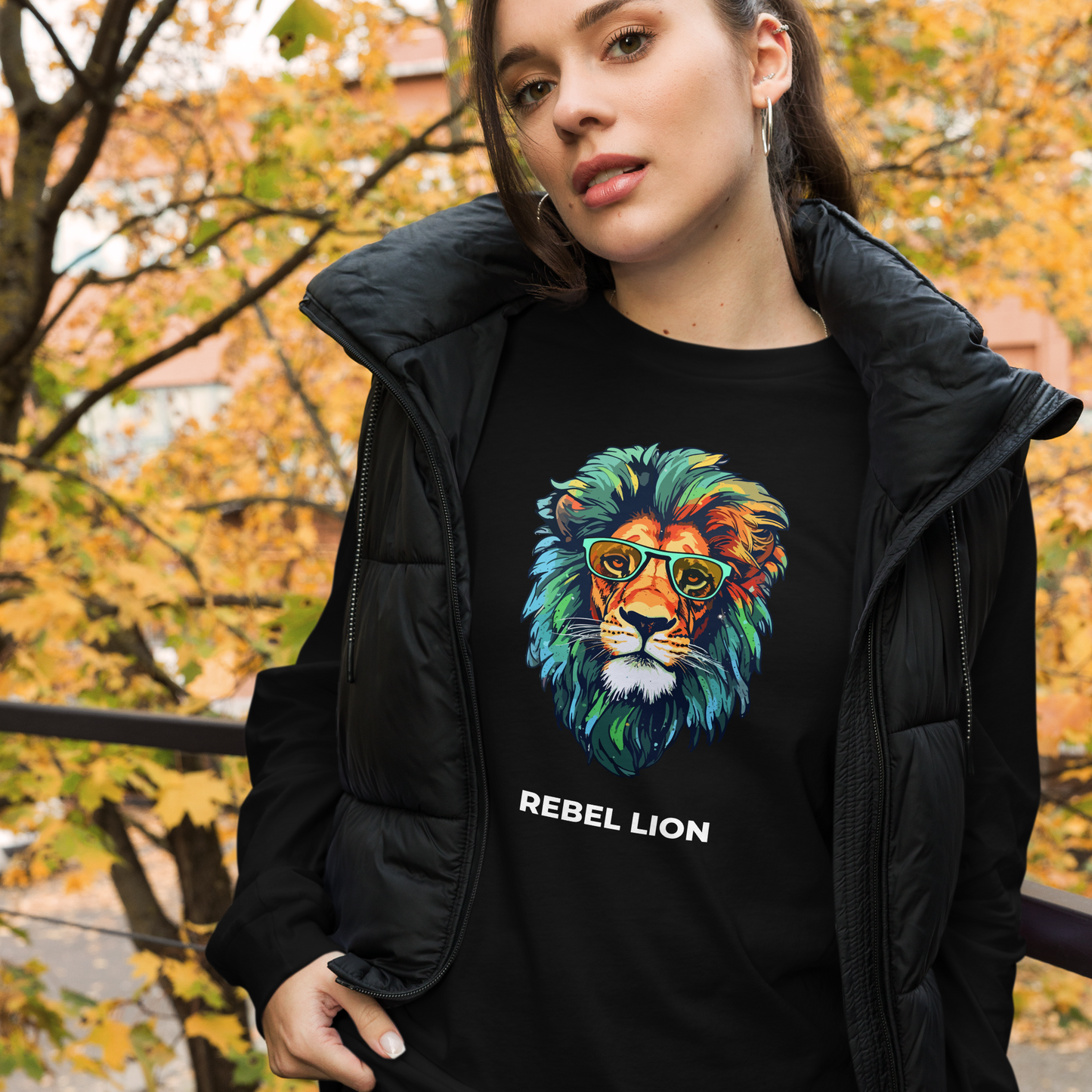 Woman wearing a Black Lion Long Sleeve Tee featuring a bold Rebel Lion graphic on the chest - Cool Lion Long Sleeve Graphic Tees - Boozy Fox