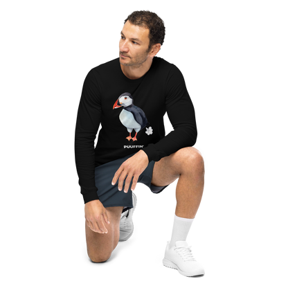 Man wearing a Black Puffin Long Sleeve Tee featuring a comic Puuffin' graphic on the chest - Funny Puffin Long Sleeve Graphic Tees - Boozy Fox