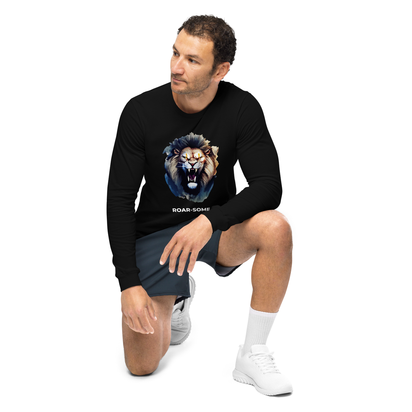 Man wearing a Black Roar-Some Lion Long Sleeve Tee - Boozy Fox