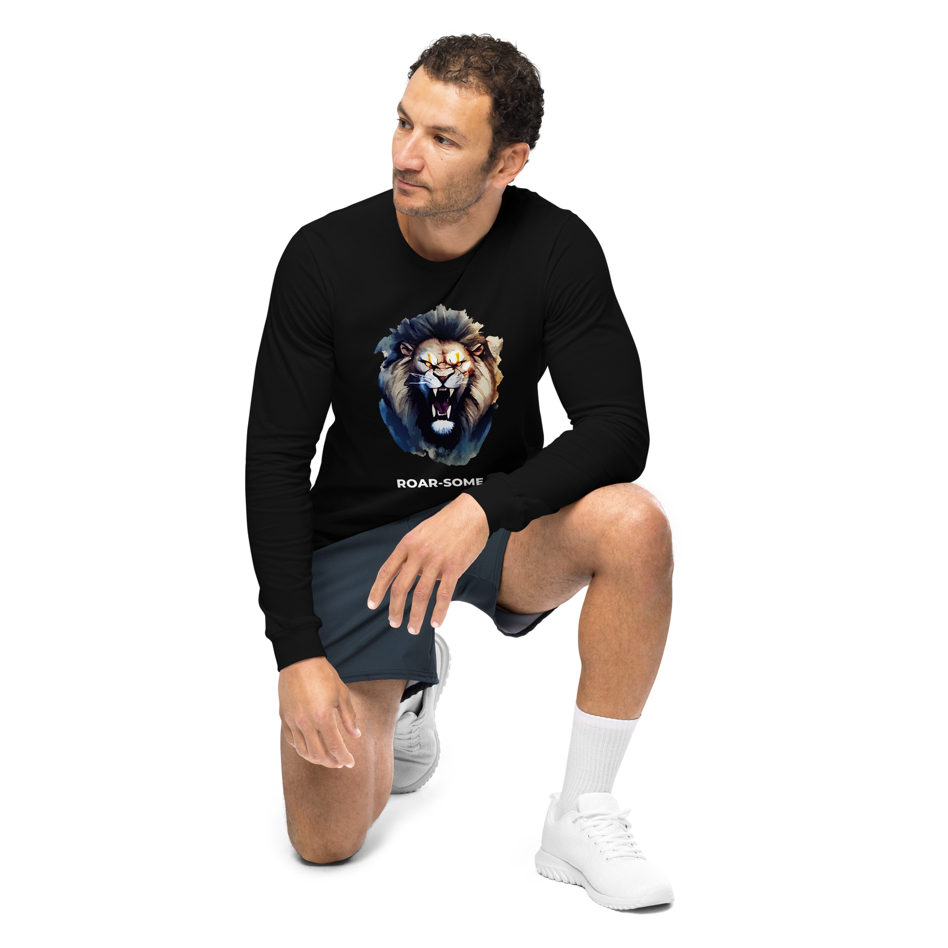 Man wearing a Black Roar-Some Lion Long Sleeve Tee - Boozy Fox