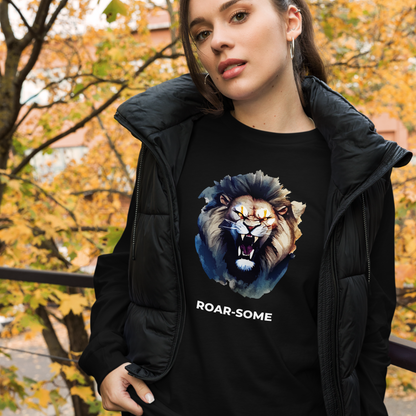 Woman wearing a Black Roar-Some Lion Long Sleeve Tee - Boozy Fox