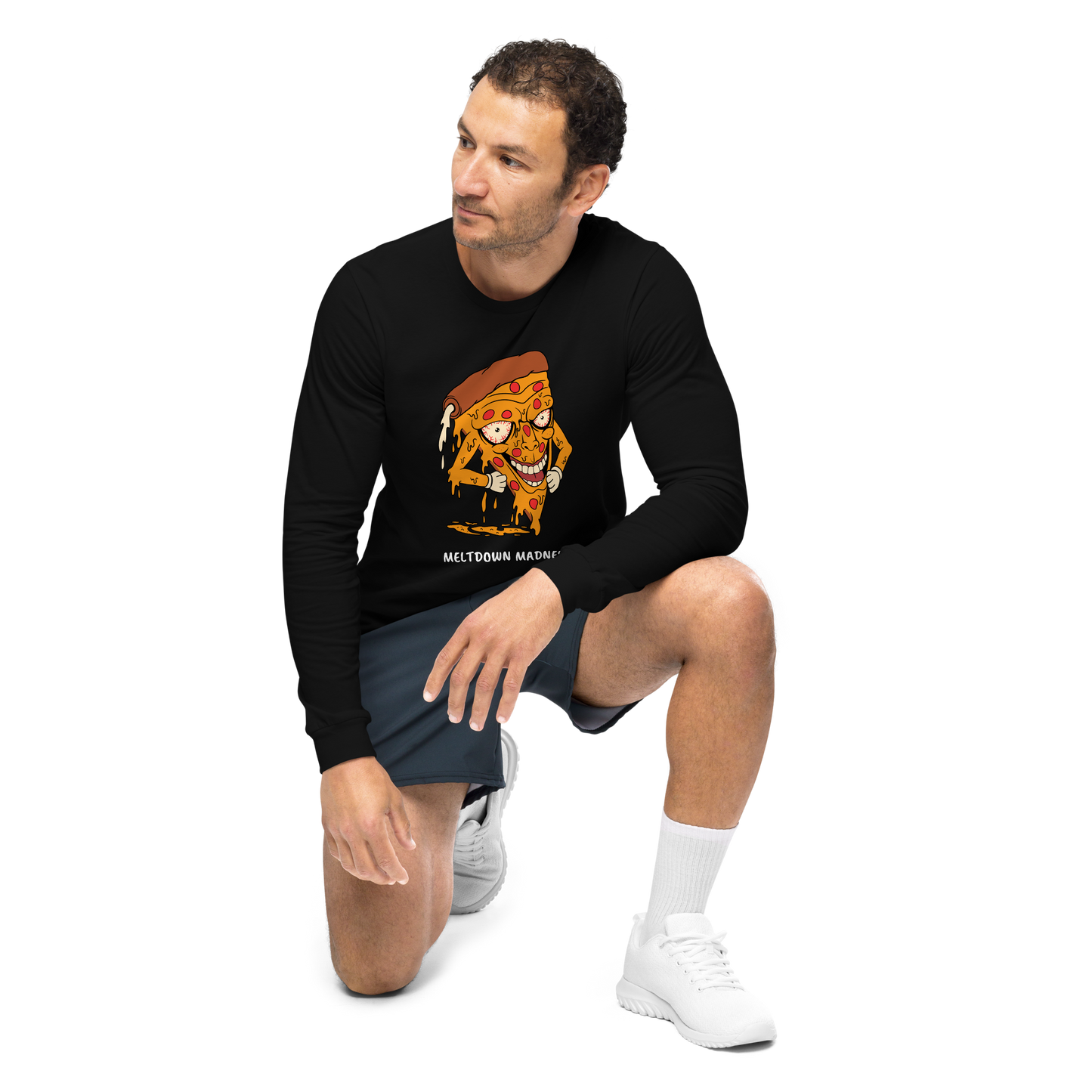 Man wearing a Black Melting Pizza Long Sleeve Tee featuring a Meltdown Madness graphic on the chest - Funny Pizza Long Sleeve Graphic Tees - Boozy Fox