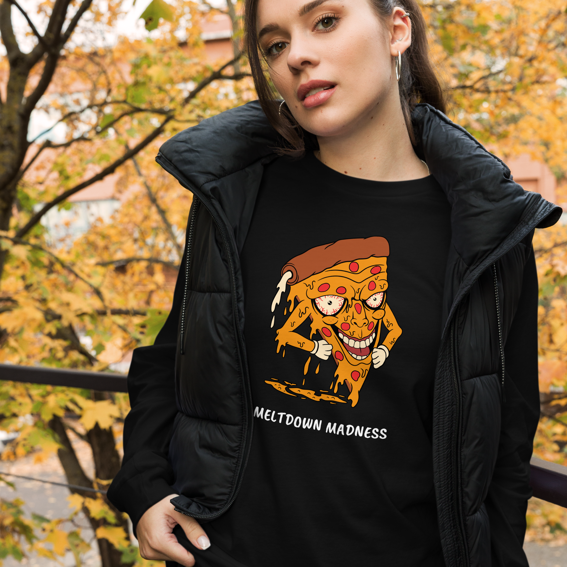 Woman wearing a Black Melting Pizza Long Sleeve Tee featuring a Meltdown Madness graphic on the chest - Funny Pizza Long Sleeve Graphic Tees - Boozy Fox