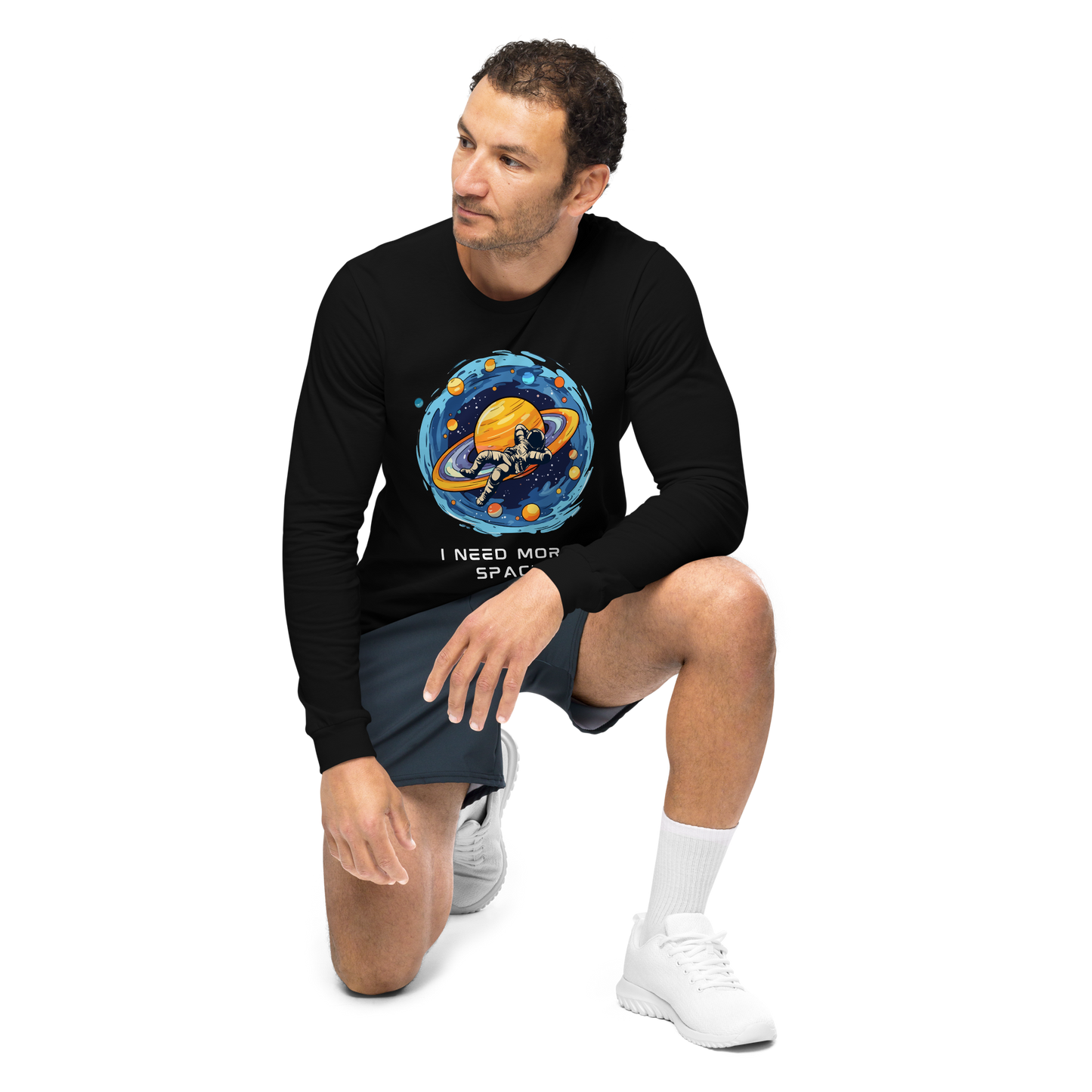 Man wearing a Black Astronaut Long Sleeve Tee featuring a captivating I Need More Space graphic on the chest - Funny Space Long Sleeve Graphic Tees - Boozy Fox