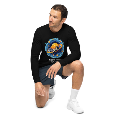 Man wearing a Black Astronaut Long Sleeve Tee featuring a captivating I Need More Space graphic on the chest - Funny Space Long Sleeve Graphic Tees - Boozy Fox