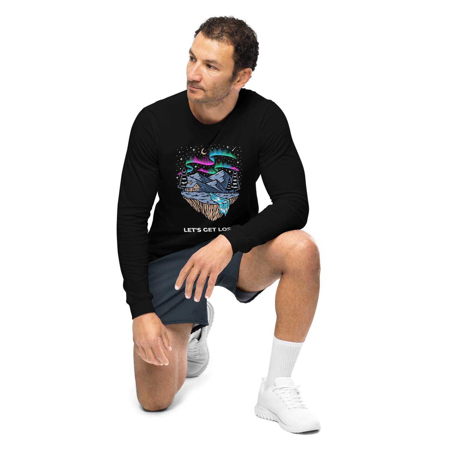 Man wearing a Black Let's Get Lost Long Sleeve Tee featuring a mesmerizing night sky, adorned with stars and aurora borealis graphic on the chest - Cool Northern Lights Long Sleeve Graphic Tees - Boozy Fox
