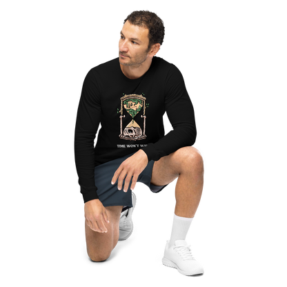 Man wearing a Black Hourglass Long Sleeve Tee featuring a captivating Time Won't Wait graphic on the chest - Cool Hourglass Long Sleeve Graphic Tees - Boozy Fox