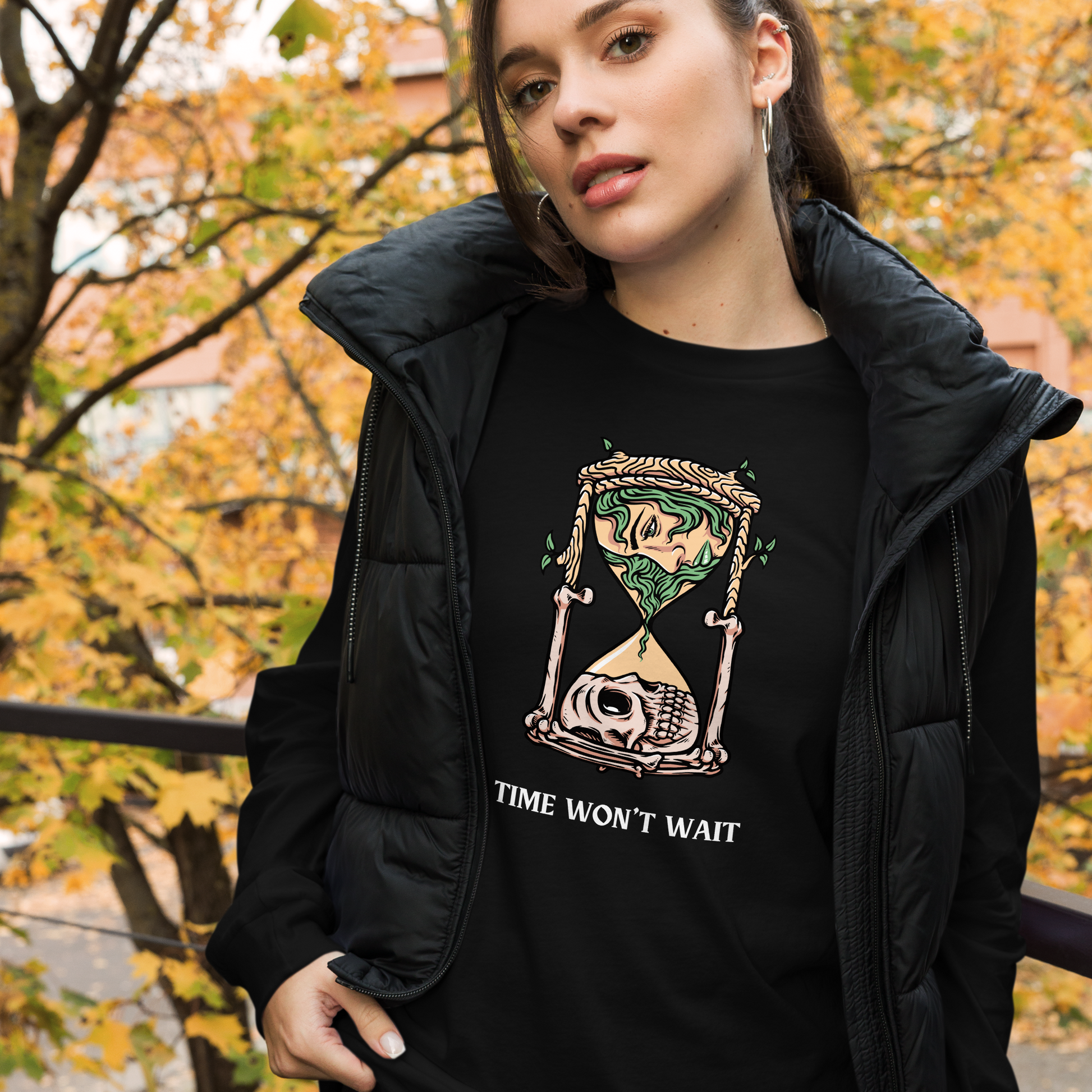Woman wearing a Black Hourglass Long Sleeve Tee featuring a captivating Time Won't Wait graphic on the chest - Cool Hourglass Long Sleeve Graphic Tees - Boozy Fox