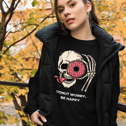 Woman wearing a Black Donut Worry Be Happy Long Sleeve Tee - Boozy Fox